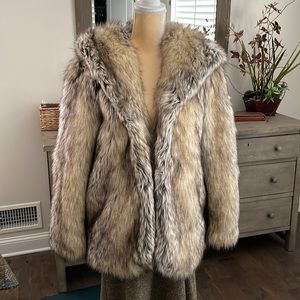 Grey Fox Faux fur jacket with hood. Worn once.  Size S. I’m an 8. Shawl collar.